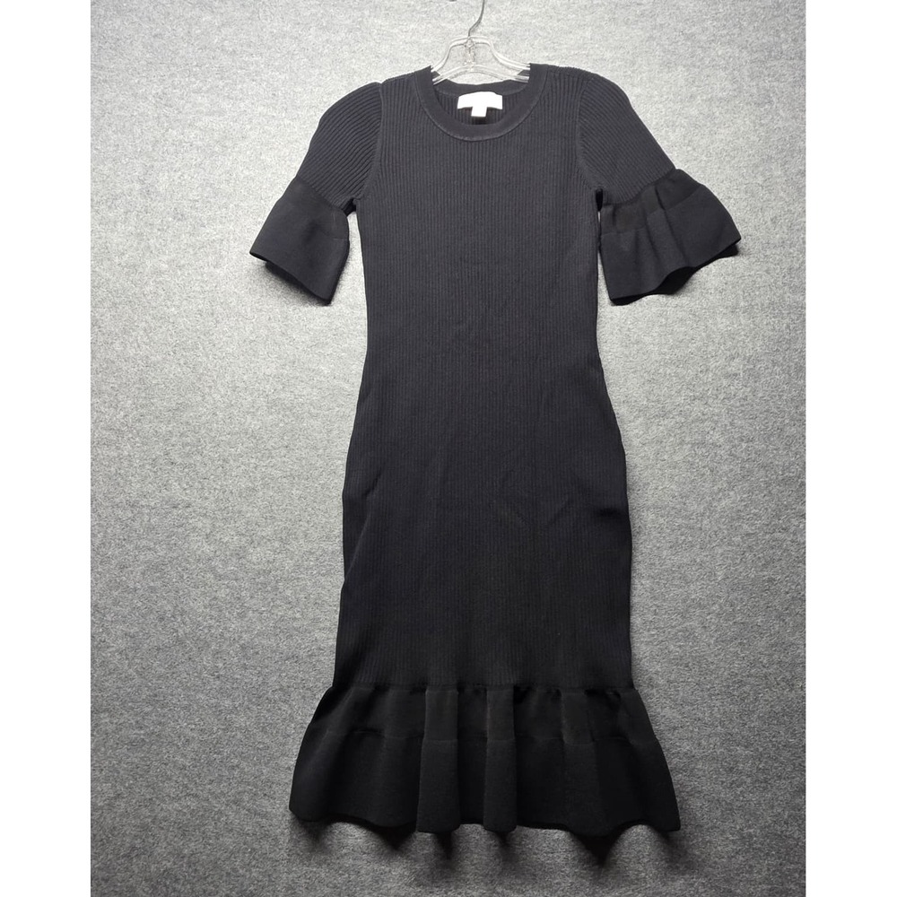 MICHAEL Michael Kors Black Ribbed Knit Ruffle Sleeve Midi Dress Size S